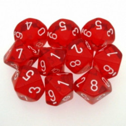 SET DE 10 DADOS D10 TRASLUCIDOS ROJO C/BLANCO