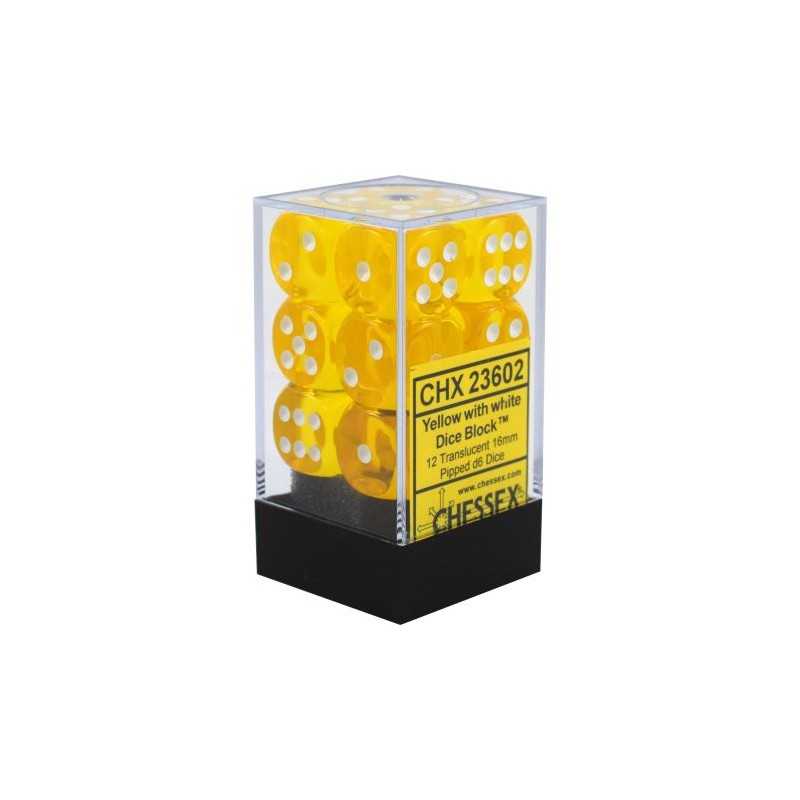 SET DE 12 DADOS TRASLUCIDOS AMARILLO C/BLANCO