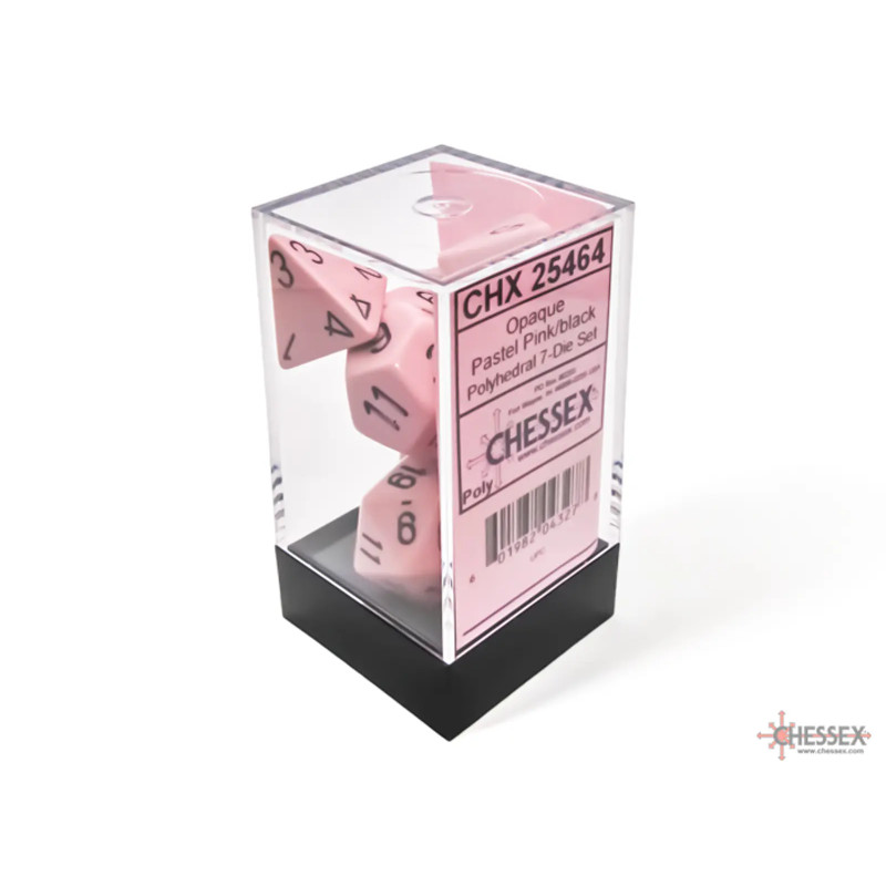 SET DE 7 DADOS OPACOS PASTEL ROSADO C/NEGRO