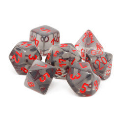 SET DE 7 DADOS TRASLUCIDOS HUMO C/ROJO