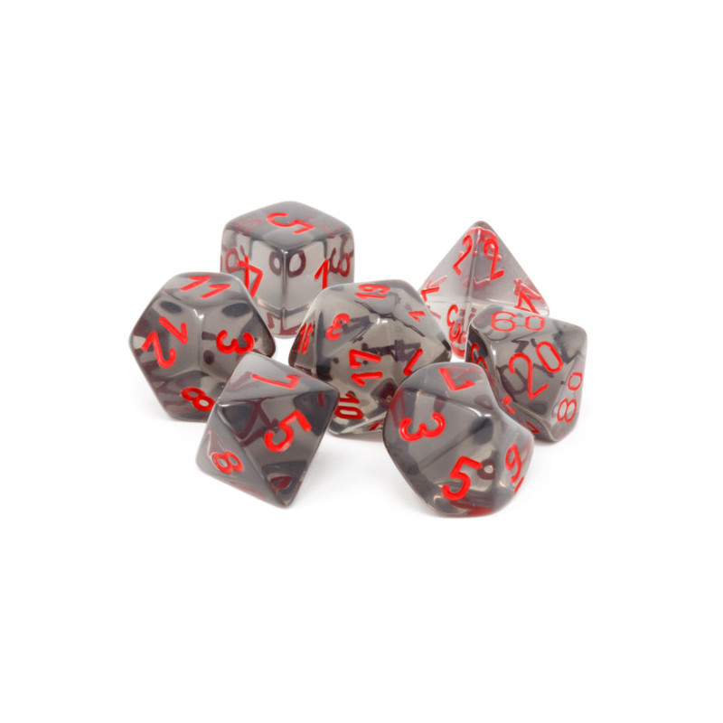 SET DE 7 DADOS TRASLUCIDOS HUMO C/ROJO