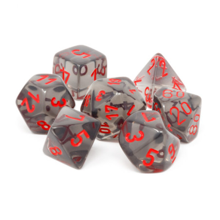 SET DE 7 DADOS TRASLUCIDOS HUMO C/ROJO