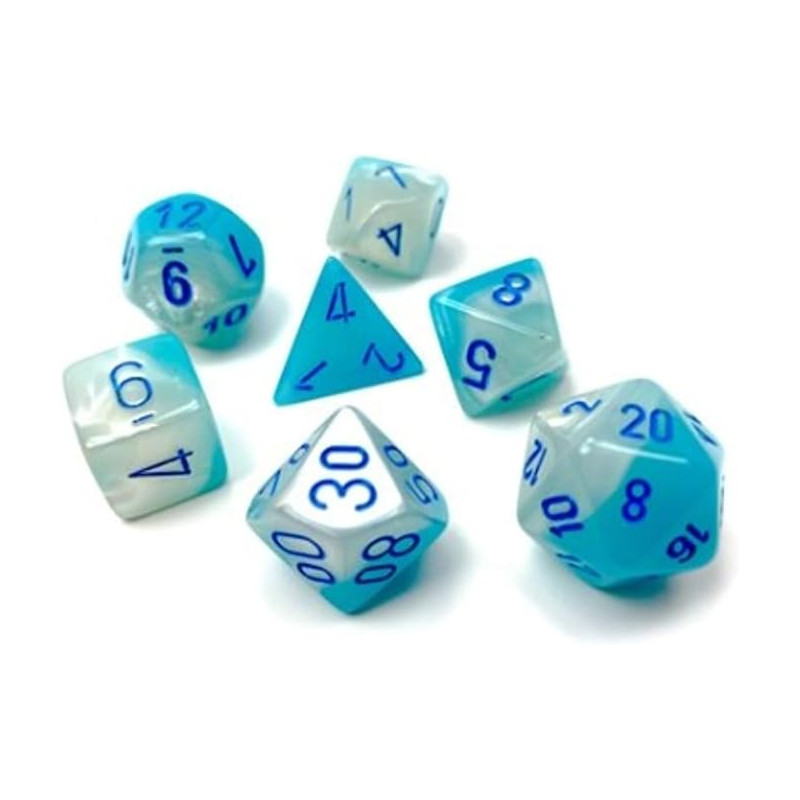 SET DE 7 DADOS GEMINI PERLA TURQUESA-BLANCO C/AZUL LUMINOSO