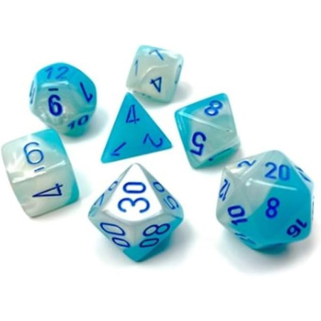 SET DE 7 DADOS GEMINI PERLA TURQUESA-BLANCO C/AZUL LUMINOSO