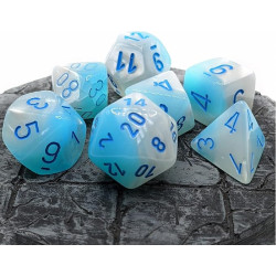SET DE 7 DADOS GEMINI PERLA TURQUESA-BLANCO C/AZUL LUMINOSO