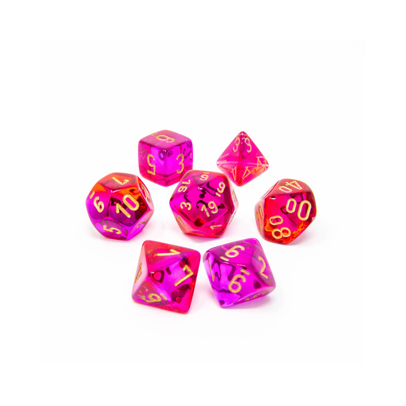 SET DE 7 DADOS GEMINI ROJO-VIOLETA TRASLUCIDO C/DORADO