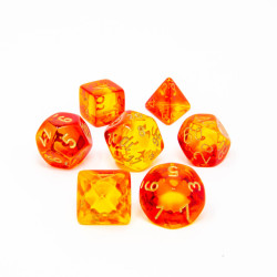 SET DE 7 DADOS GEMINI ROJO-AMARILLO TRASLUCIDO C/DORADO