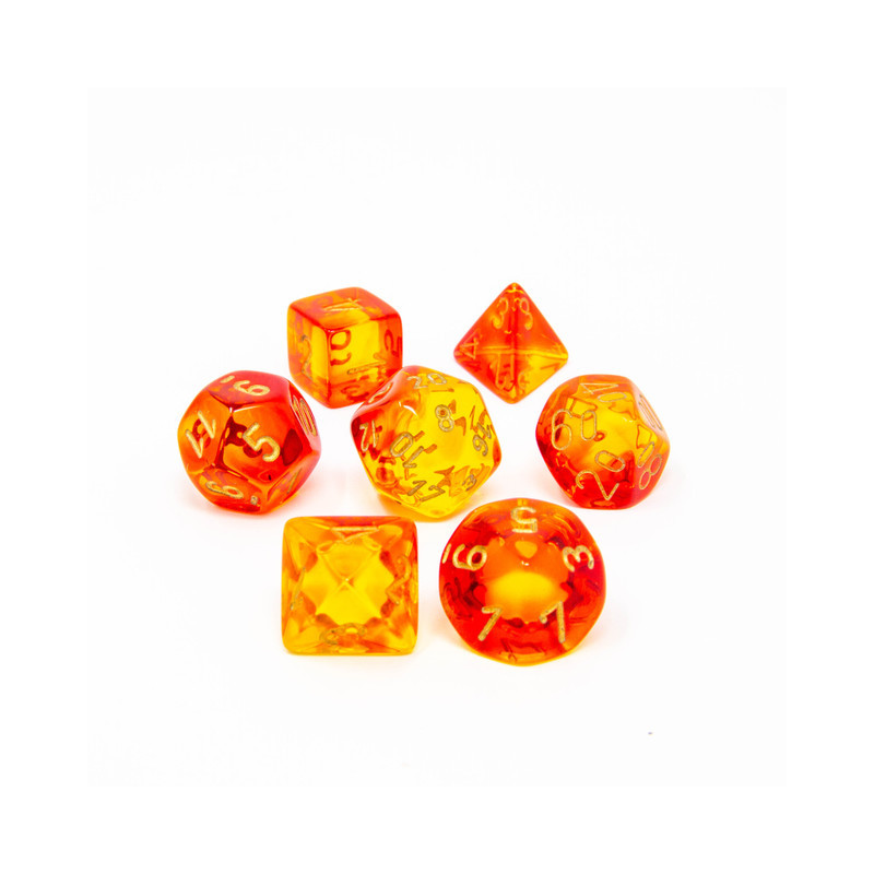 SET DE 7 DADOS GEMINI ROJO-AMARILLO TRASLUCIDO C/DORADO