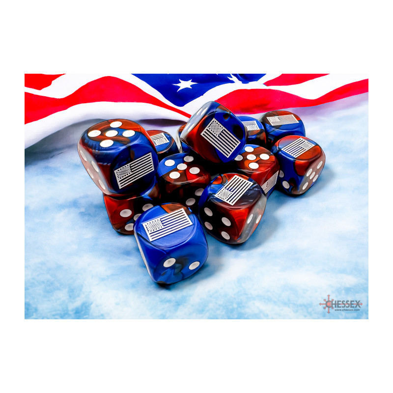 SET DE 12 DADOS D6 16MM GEMINI AZUL-ROJO C/BLANCO UNITED STATES WAR