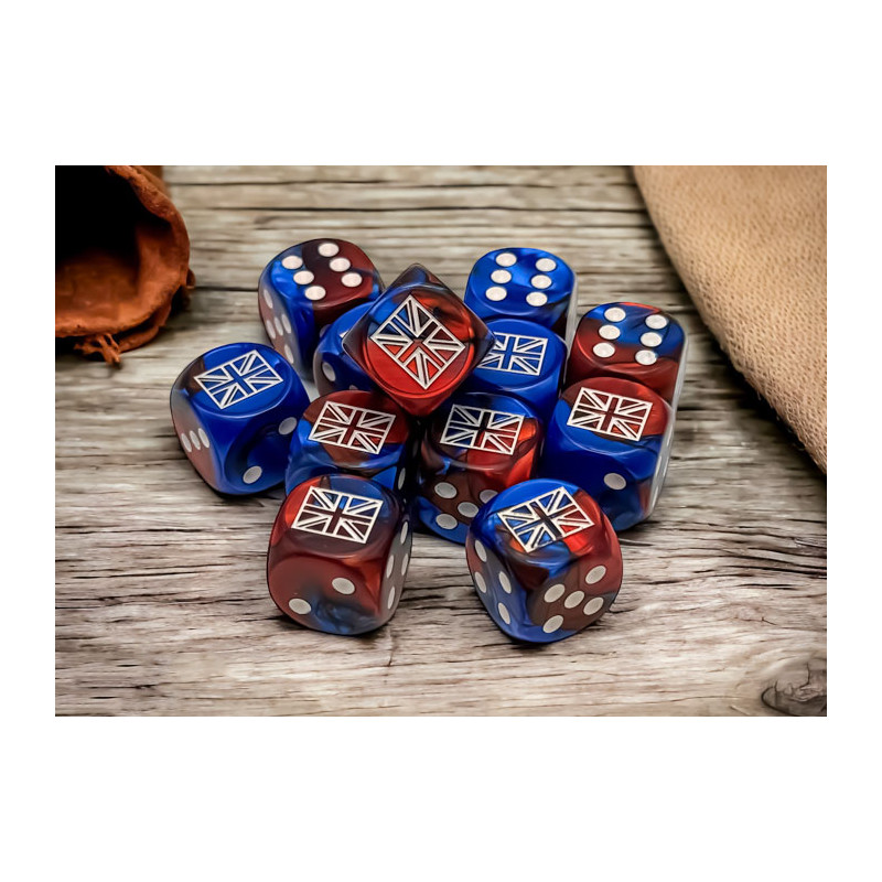 SET DE 12 DADOS D6 16MM GEMINI AZUL-ROJO C/BLANCO GREAT BRITAIN WAR