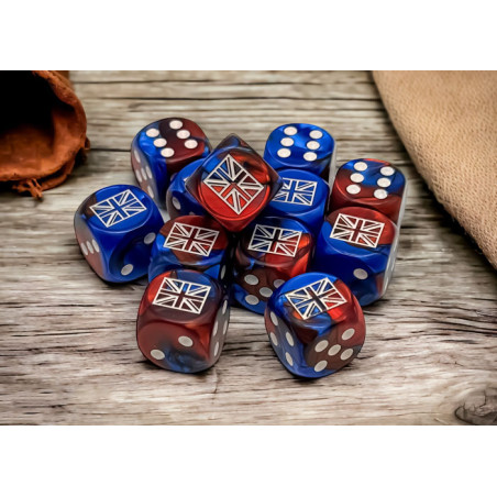 SET DE 12 DADOS D6 16MM GEMINI AZUL-ROJO C/BLANCO GREAT BRITAIN WAR