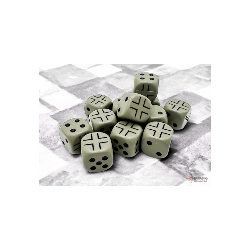 SET DE 12 DADOS D6 16MM OPACOS GRIS OSCURO C/ NEGRO GERMANY WAR