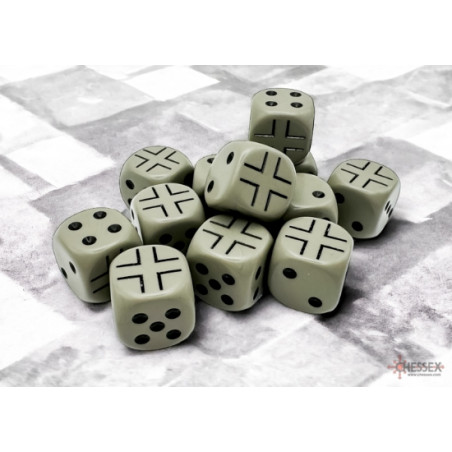 SET DE 12 DADOS D6 16MM OPACOS GRIS OSCURO C/ NEGRO GERMANY WAR