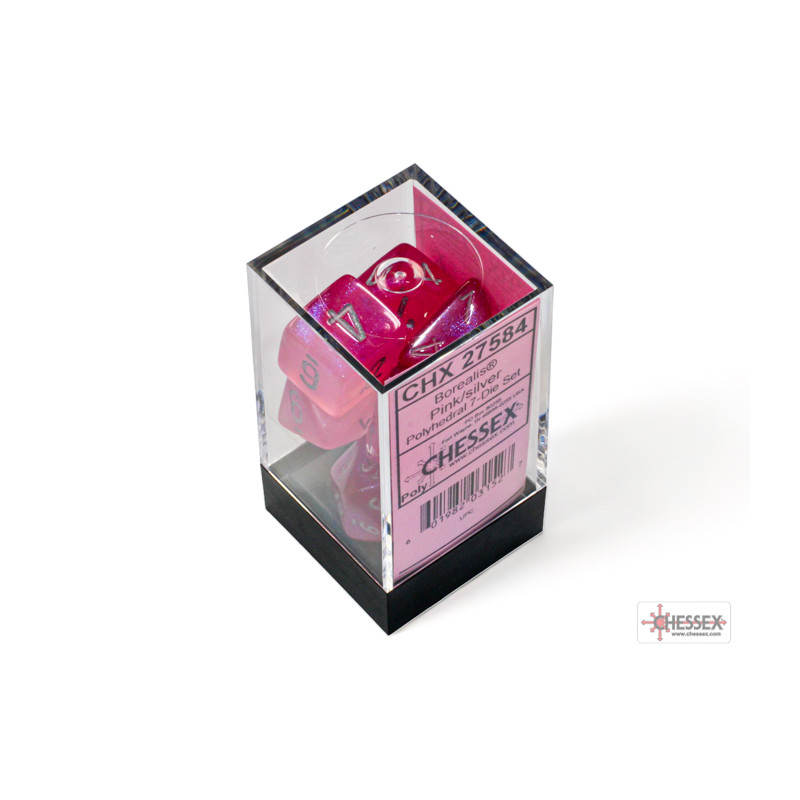 SET DE 7 DADOS BOREALIS ROSADO C/ PLATA LUMINOSO
