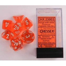 SET DE 7 DADOS TRASLUCIDOS NARANJA C/BLANCO