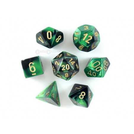 SET DE 7 DADOS GEMINI NEGRO-VERDE C/DORADO