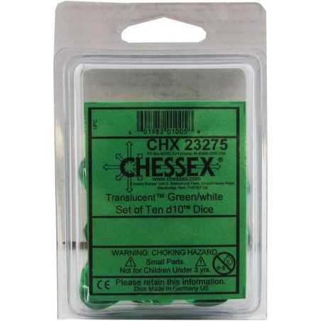 SET DE 10 DADOS D10 TRASLUCIDOS VERDE C/BLANCO