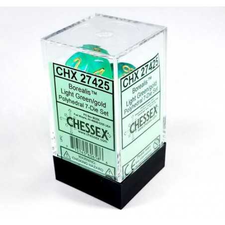 SET DE 7 DADOS BOREALIS VERDE CLARO C/DORADO