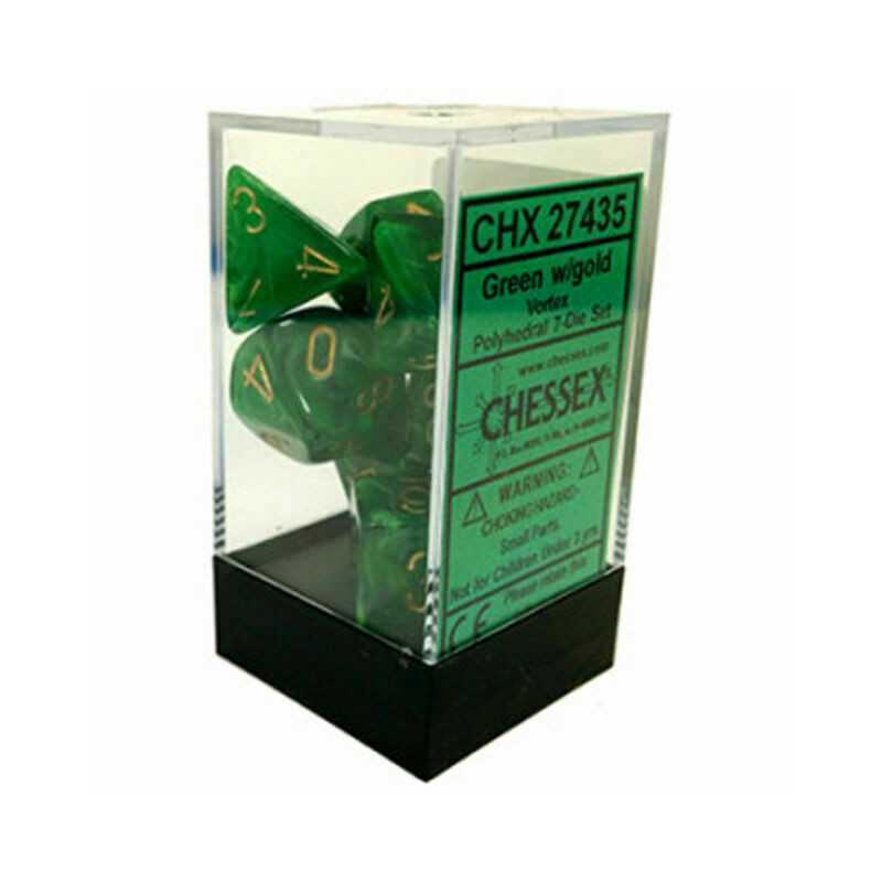 SET DE 7 DADOS VORTEX VERDE C/DORADO