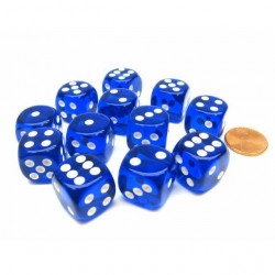 SET DE 12 DADOS TRASLUCIDOS AZUL C/BLANCO