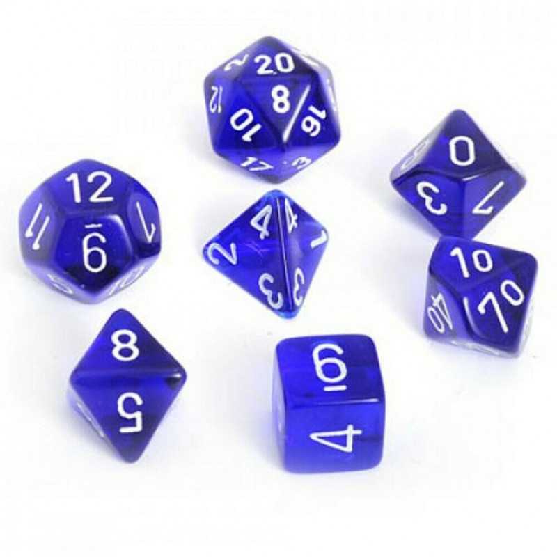 SET DE 7 DADOS TRASLUCIDOS AZUL C/BLANCO