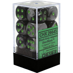 SET DE 12 DADOS D6 16MM GEMINI NEGRO-GRIS C/VERDE