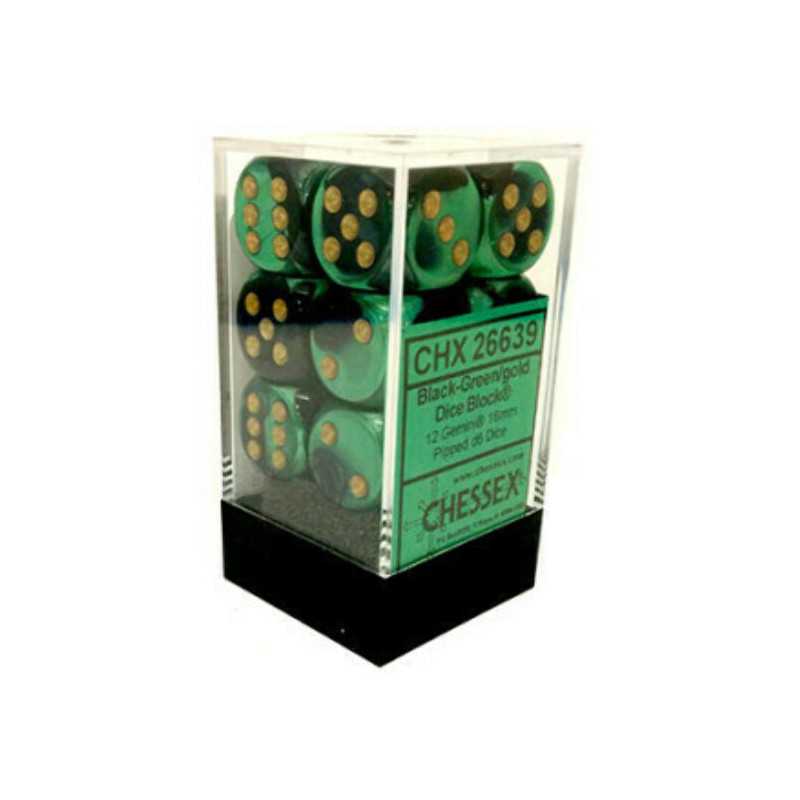 SET DE 12 DADOS D6 16MM GEMINI NEGRO-VERDE C/DORADO