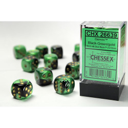 SET DE 12 DADOS D6 16MM GEMINI NEGRO-VERDE C/DORADO
