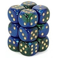 SET DE 12 DADOS D6 16MM GEMINI AZUL-VERDE C/DORADO
