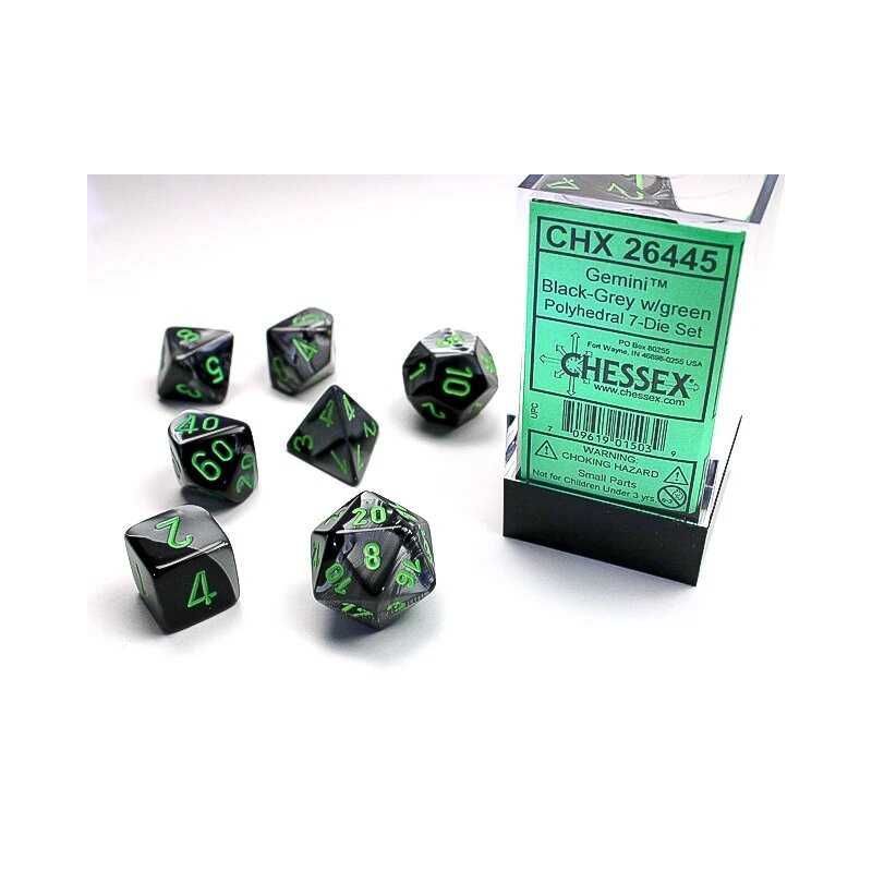 SET DE 7 DADOS GEMINI NEGRO-GRIS C/VERDE
