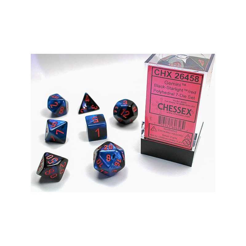 SET DE 7 DADOS GEMINI NEGRO-LUZ DE ESTRELLA C/ROJO