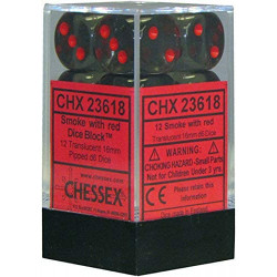 SET DE 12 DADOS TRASLUCIDOS HUMO C/ROJO