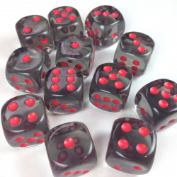 SET DE 12 DADOS TRASLUCIDOS HUMO C/ROJO