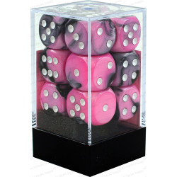 SET DE 12 DADOS D6 16MM GEMINI NEGRO-ROSA C/BLANCO