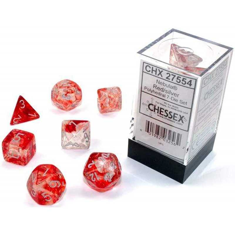 SET DE 7 DADOS NEBULA ROJO C/ PLATA BRILLANTE